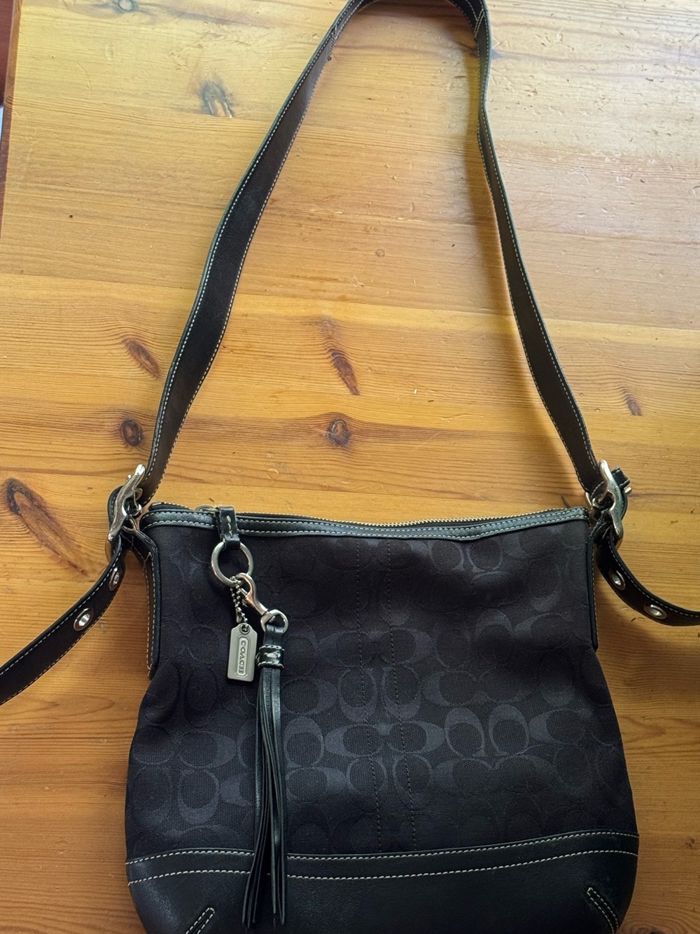 Coach Black Signature Jacquard Shoulder Bag with Leather Trim and Tassel Charm